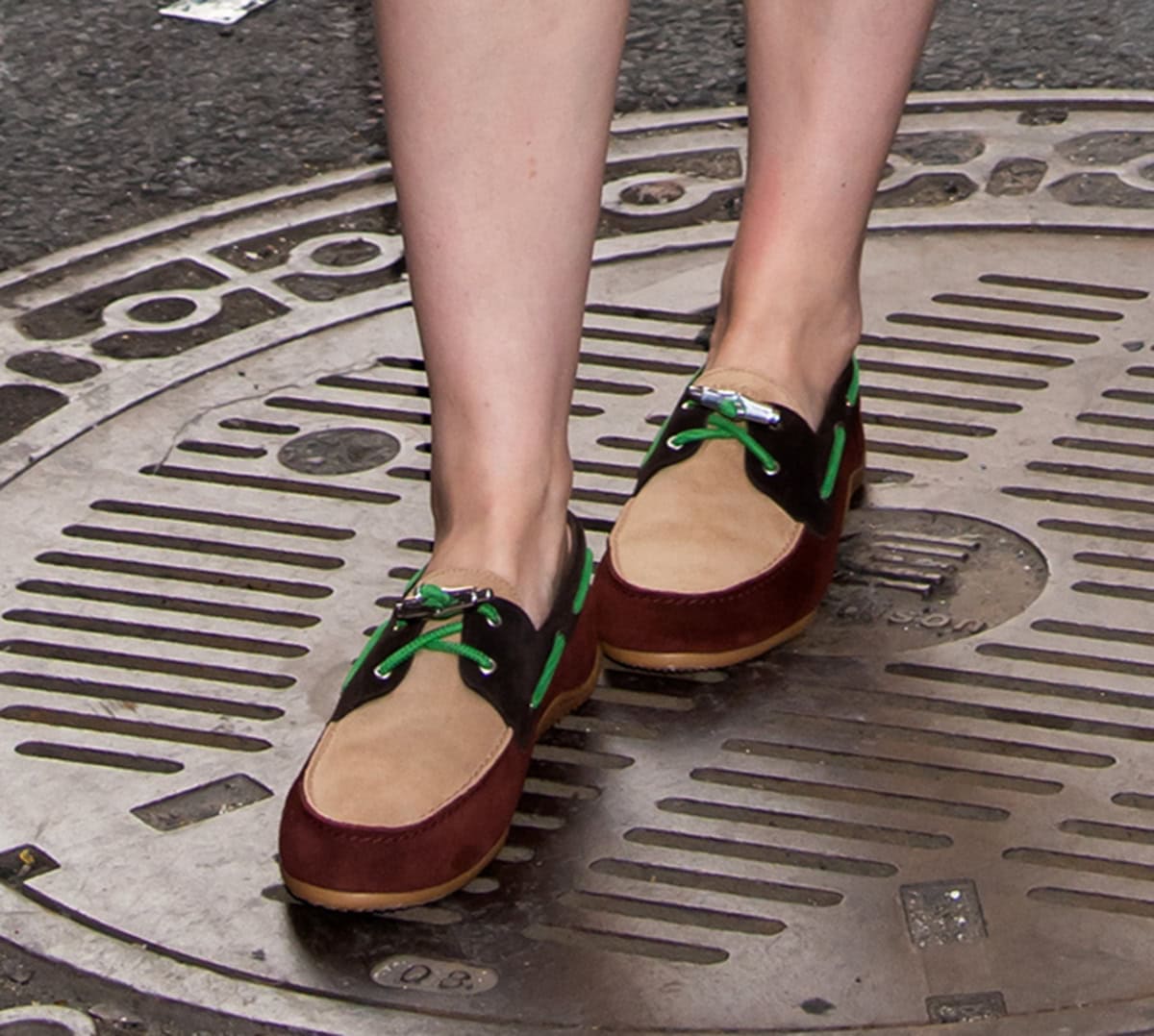Kate Mara opts for the Longchamp Longboat loafers in a spring-perfect tri-color design with green cord laces