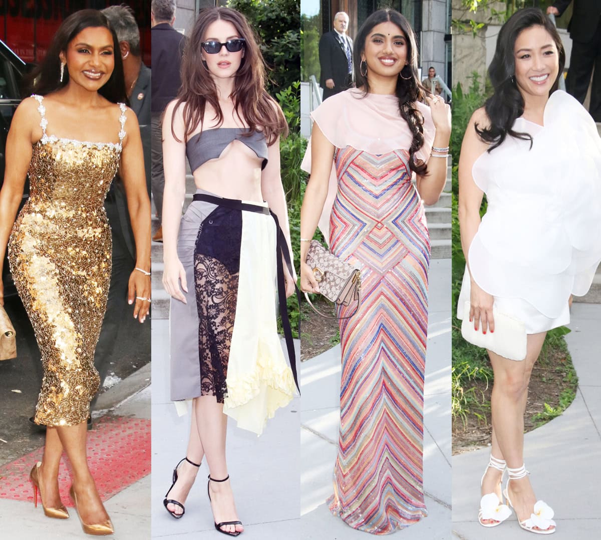 Mindy Kaling, Ella Hunt, Avantika Vandanapu, and Constance Wu showcase their glamorous spring style in designer dresses and unique heels at Hulu's Not Suitable for Work premiere at 1 Hotel Brooklyn Bridge
