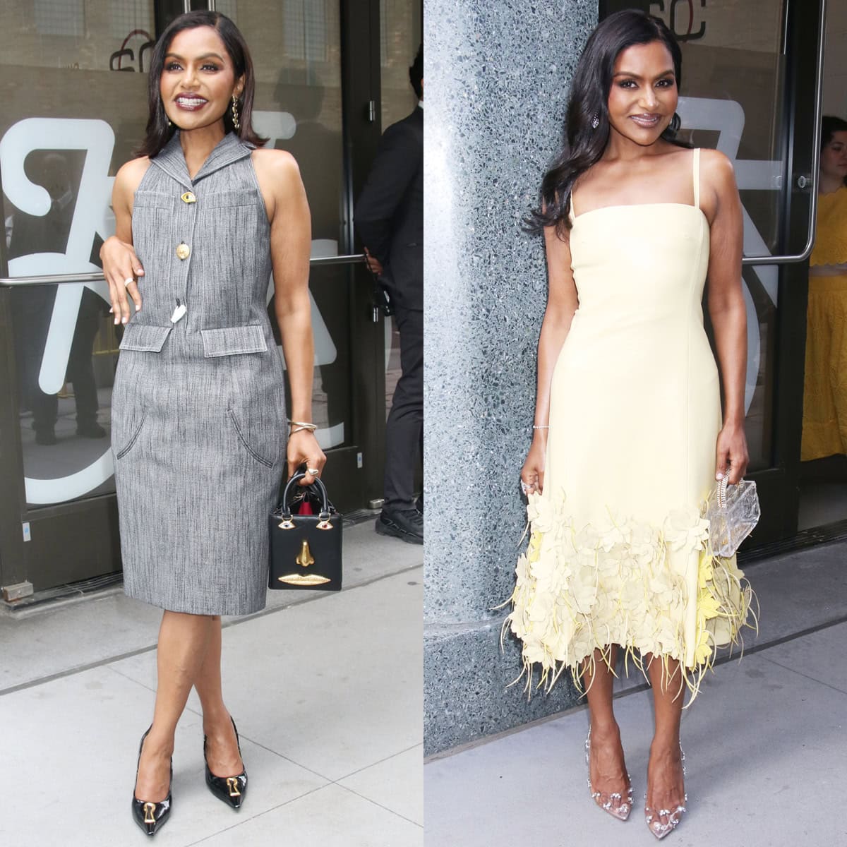 Mindy Kaling shows off her whimsical style in Schiaparelli, Simkhai, and Christian Louboutin while promoting her upcoming Hulu comedy series, Not Suitable for Work
