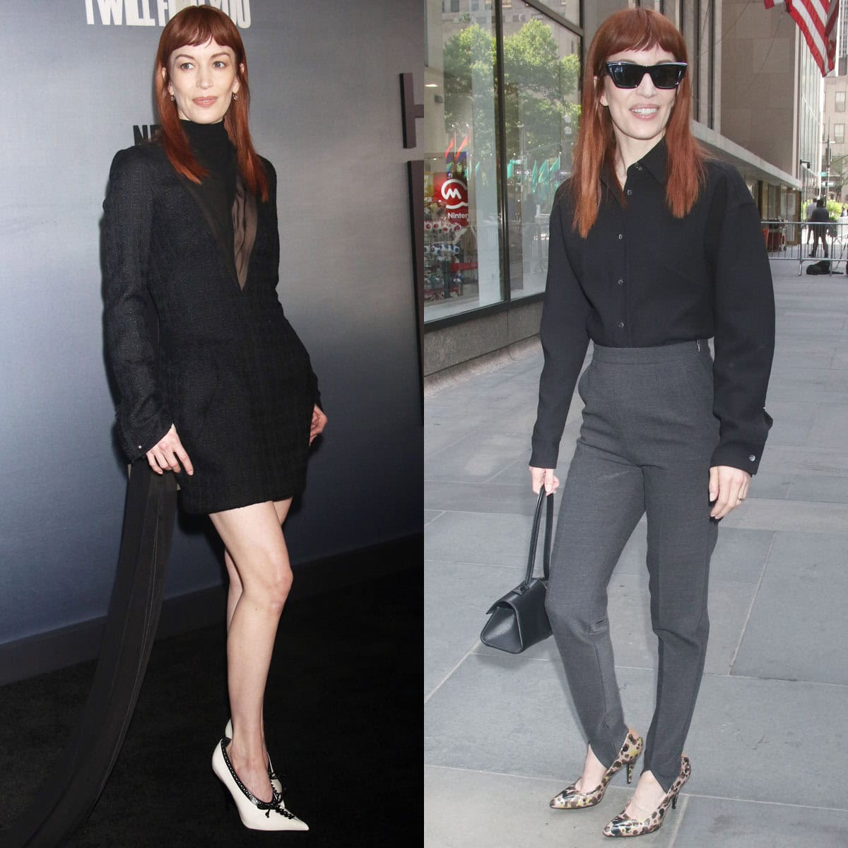 Britt Lower showcases two distinct shoe personalities while promoting I Will Find You in New York, pairing Alexander McQueen’s black-and-white corset pumps with a dramatic premiere look and playful polka-dot stilettos with sharp tailored separates