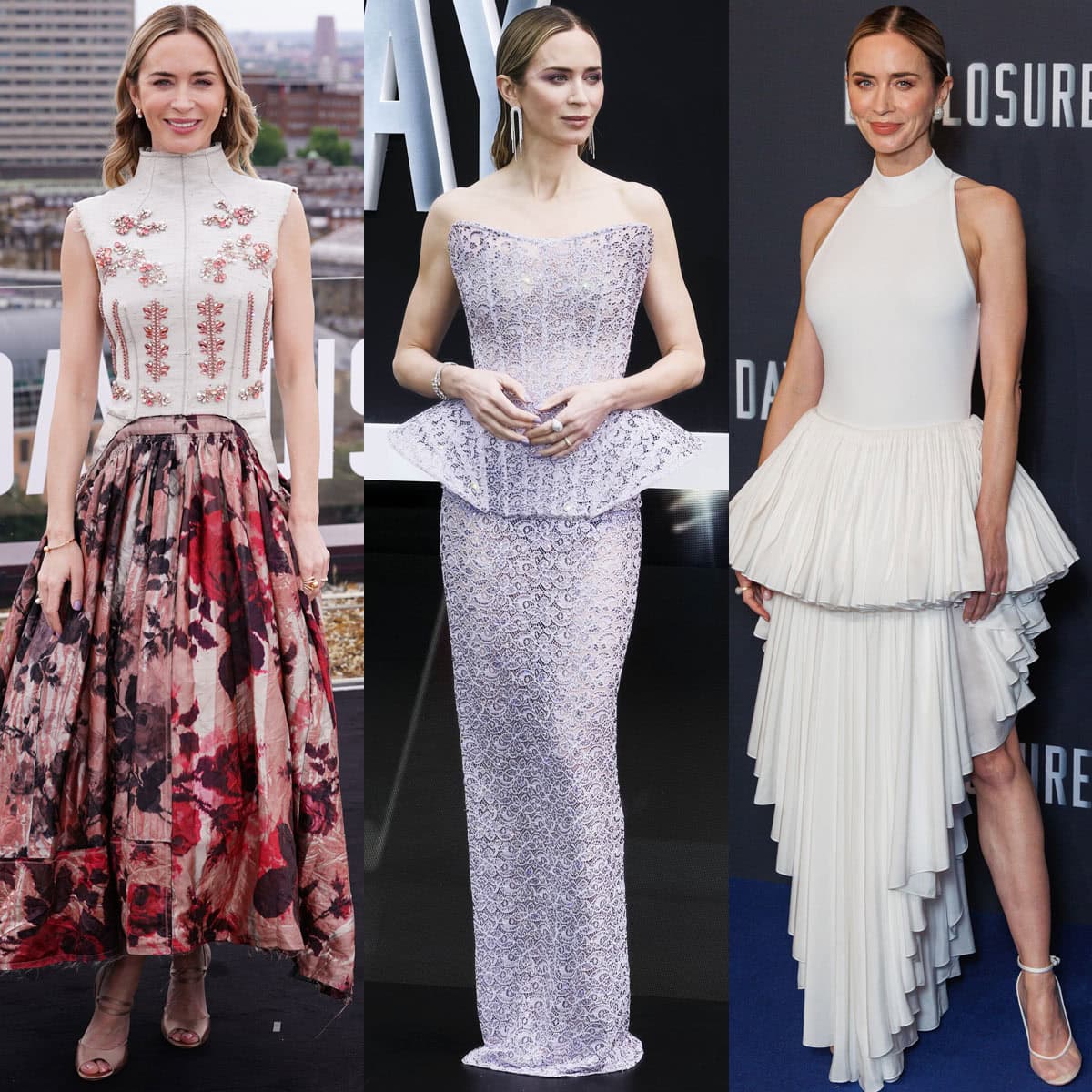 Emily Blunt showcases her feminine, elegant style in Erdem, Stella McCartney, and Alaïa at the London and Paris premiere and photocall of her Steven Spielberg-helmed sci-fi film, Disclosure Day