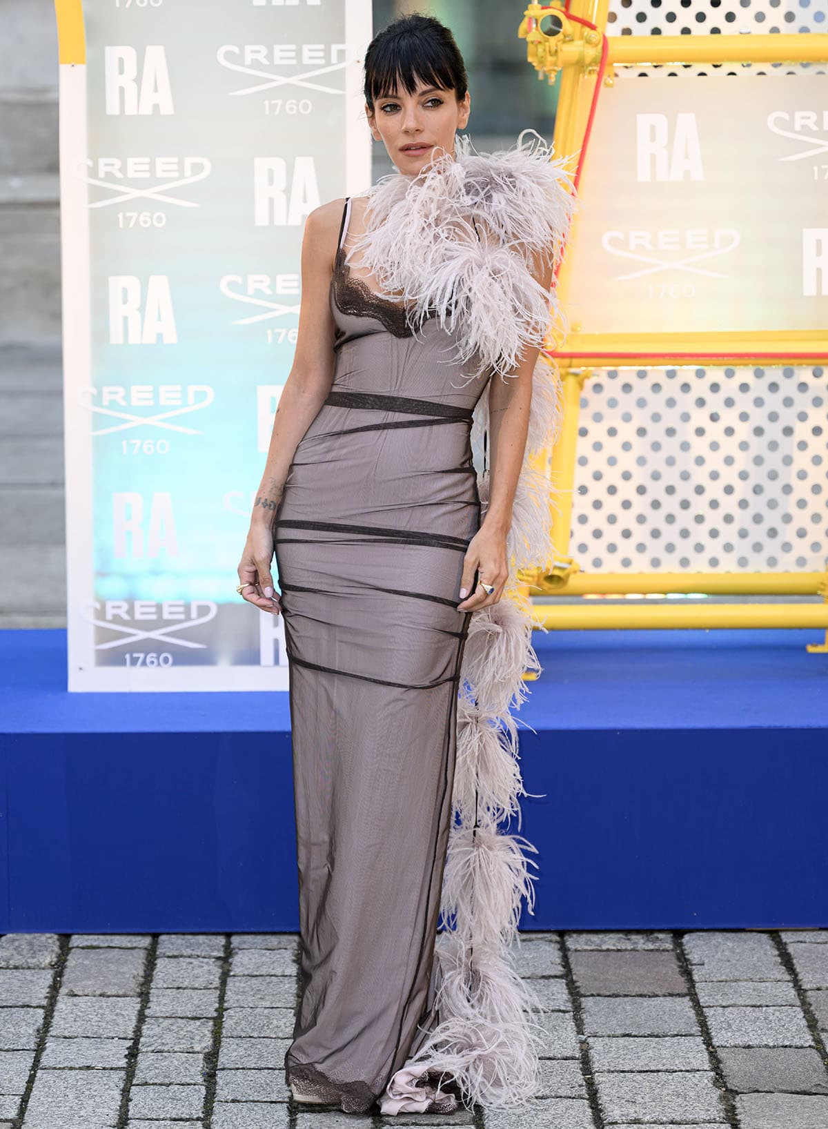 Lily Allen embraces boudoir-inspired glamour in a sheer 16Arlington slip dress trimmed with dark lace and structured sheer bands, finishing the look with a dramatic dusty-rose ostrich feather boa draped across one shoulder