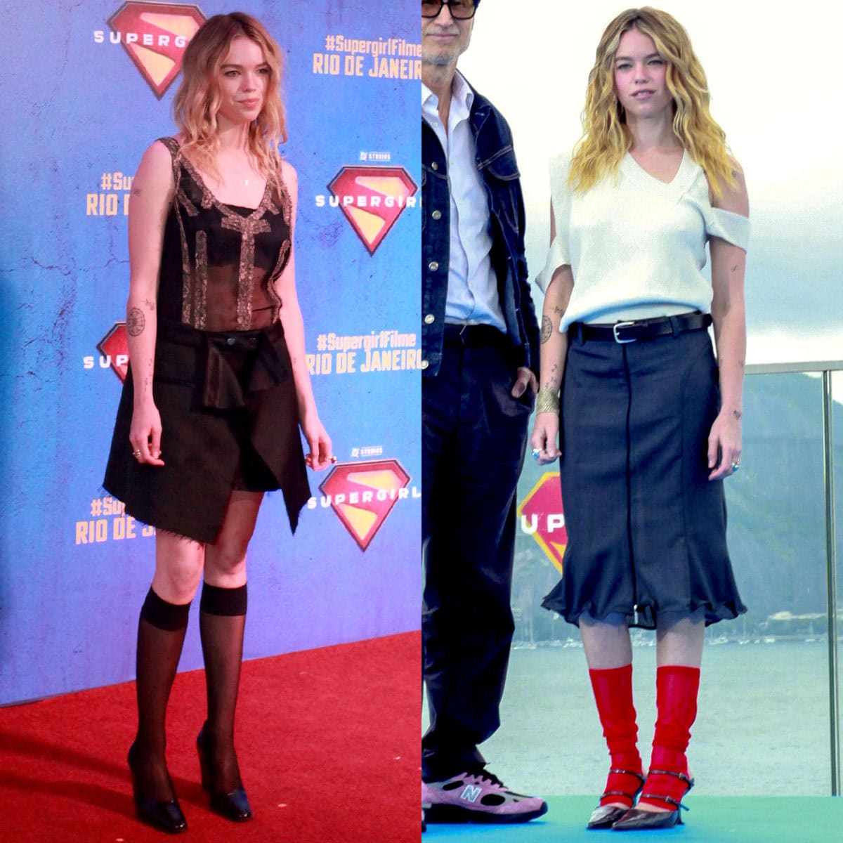 Milly Alcock embraces two distinct takes on Supergirl style at the film's Brazil premiere and photocall on June 14, 2026, pairing Jason Wu's deconstructed black look with glossy cone-heeled pumps before switching to Miista's angular Shari mules styled with striking red leg warmers