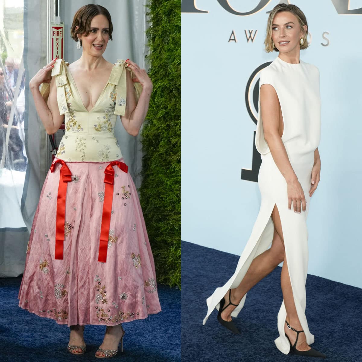 Sarah Paulson in a two-tone Erdem gown and Aquazzura crystal heels and Julianne Hough in a white Tom Ford gown and black Saint Laurent pumps at the 2026 Tony Awards