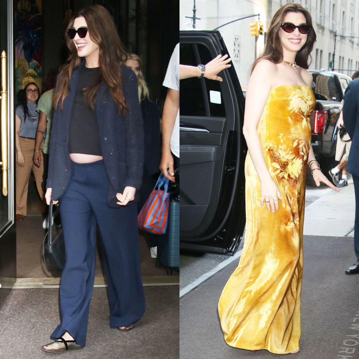 Anne Hathaway mixes relaxed maternity style with golden glamour in a Brunello Cucinelli mesh jacket, Alaia flats, Lela Rose velvet gown, and Gianvito Rossi heels for The Odyssey press tour