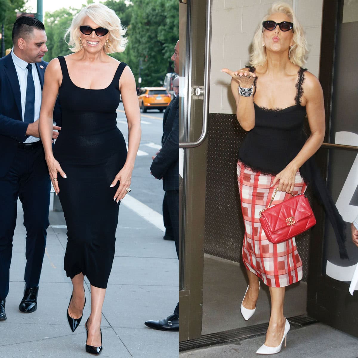 Hannah Waddingham showcases retro dressing in fitted dresses and pumps while attending the New York premiere of Ride or Die and promoting her TV series on Good Morning America