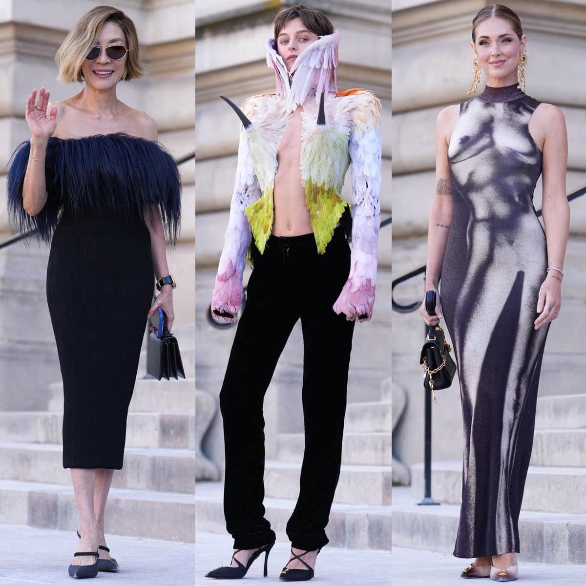 Michelle Yeoh, Emma Corrin, and Chiara Ferragni showcase Schiaparelli's sculptural footwear—from pointed mules to signature Keyhole pumps—at the Schiaparelli Haute Couture Fall/Winter 2026/2027 show