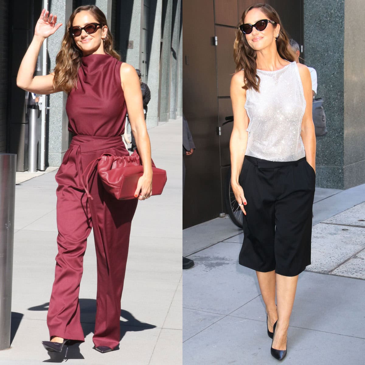 Minka Kelly drops by Live with Kelly and Mark in pointy pumps with a burgundy Et Ochs co-ord set and a shimmering Christian Cowan top with Bermuda shorts to promote Netflix’s romantic neo-Western series, Ransom Canyon