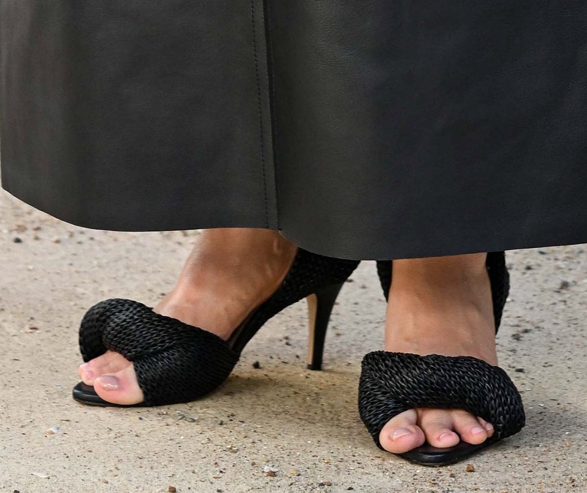 Samantha Morton slips into the Bottega Veneta “Grace” sandals featuring thick, lambskin torchon straps