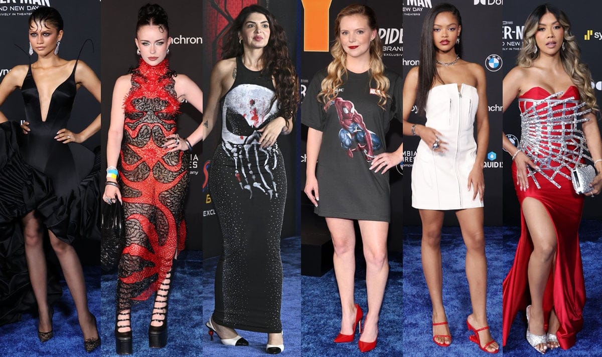 Zendaya leads the Spider-Man: Brand New Day Los Angeles premiere in an Ashi Studio gown and custom Christian Louboutin spiderweb pumps, joined by guests showcasing standout footwear from Marc Jacobs, Chanel, GCDS, and sparkling crystal mules