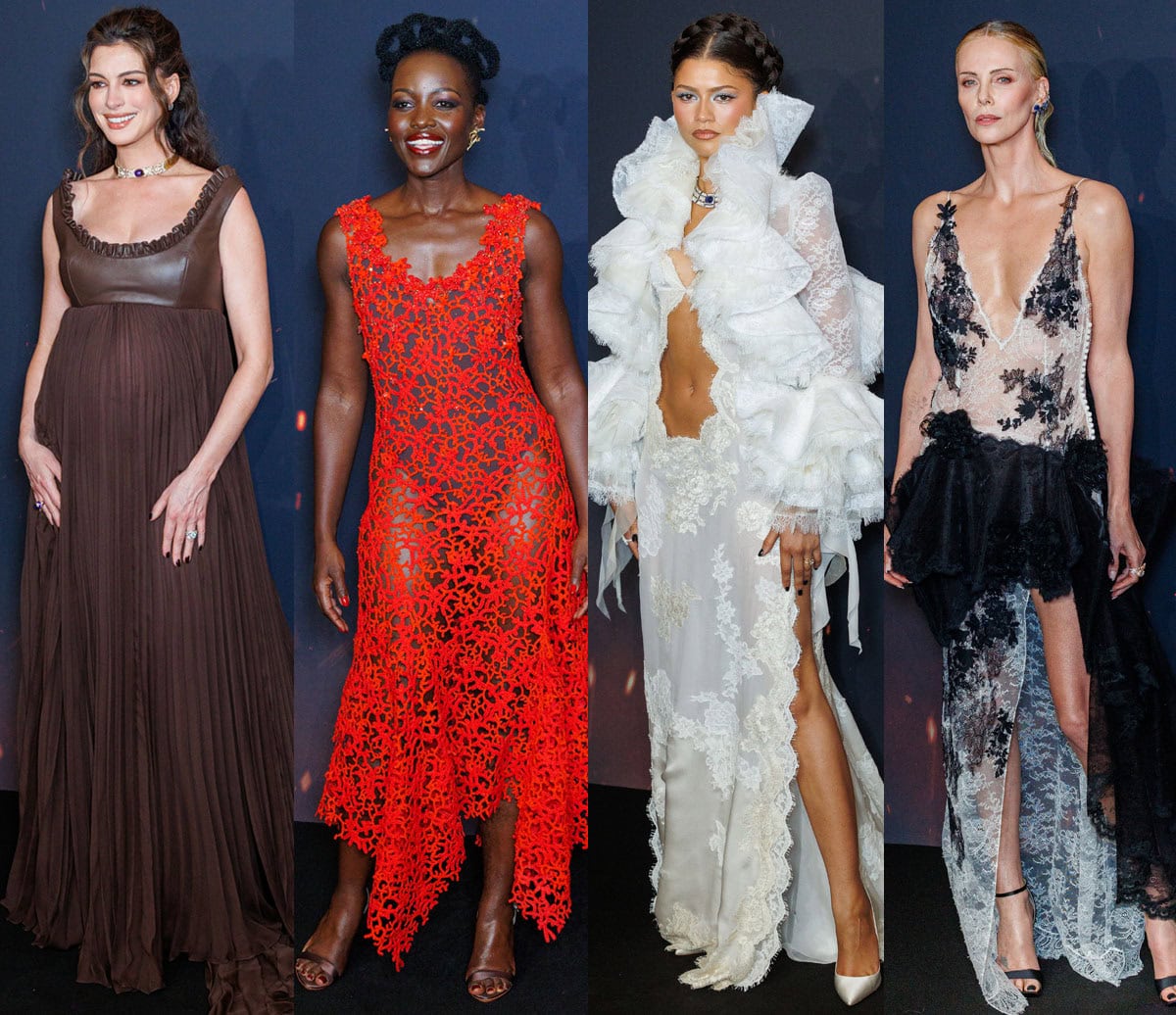Anne Hathaway, Lupita Nyong'o, Zendaya, and Charlize Theron showcase ruffles and lace looks with satin heels by Louis Vuitton, Salone Monet, and Dior at the Paris premiere of The Odyssey at the Grand Rex theater