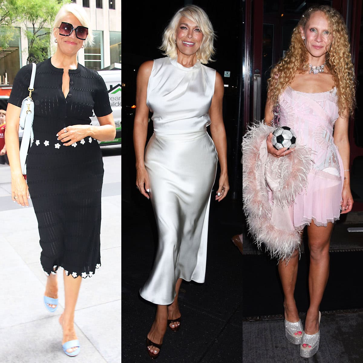 Hannah Waddingham and Juno Temple showcase three distinct takes on mule heels—from powder blue sculptural slides and bronze metallic mules to crystal-covered Paris Texas platforms—while celebrating Ted Lasso Season 4