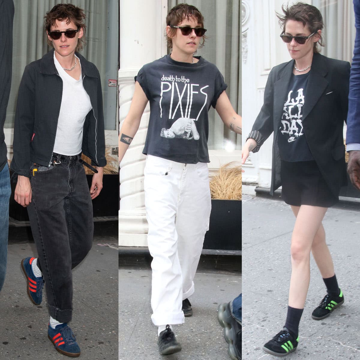 Kristen Stewart rotates between retro Adidas Dublin and Samba sneakers, styling them with faded denim, a Pixies band tee, and relaxed black tailoring while promoting The Wrong Girls in New York City