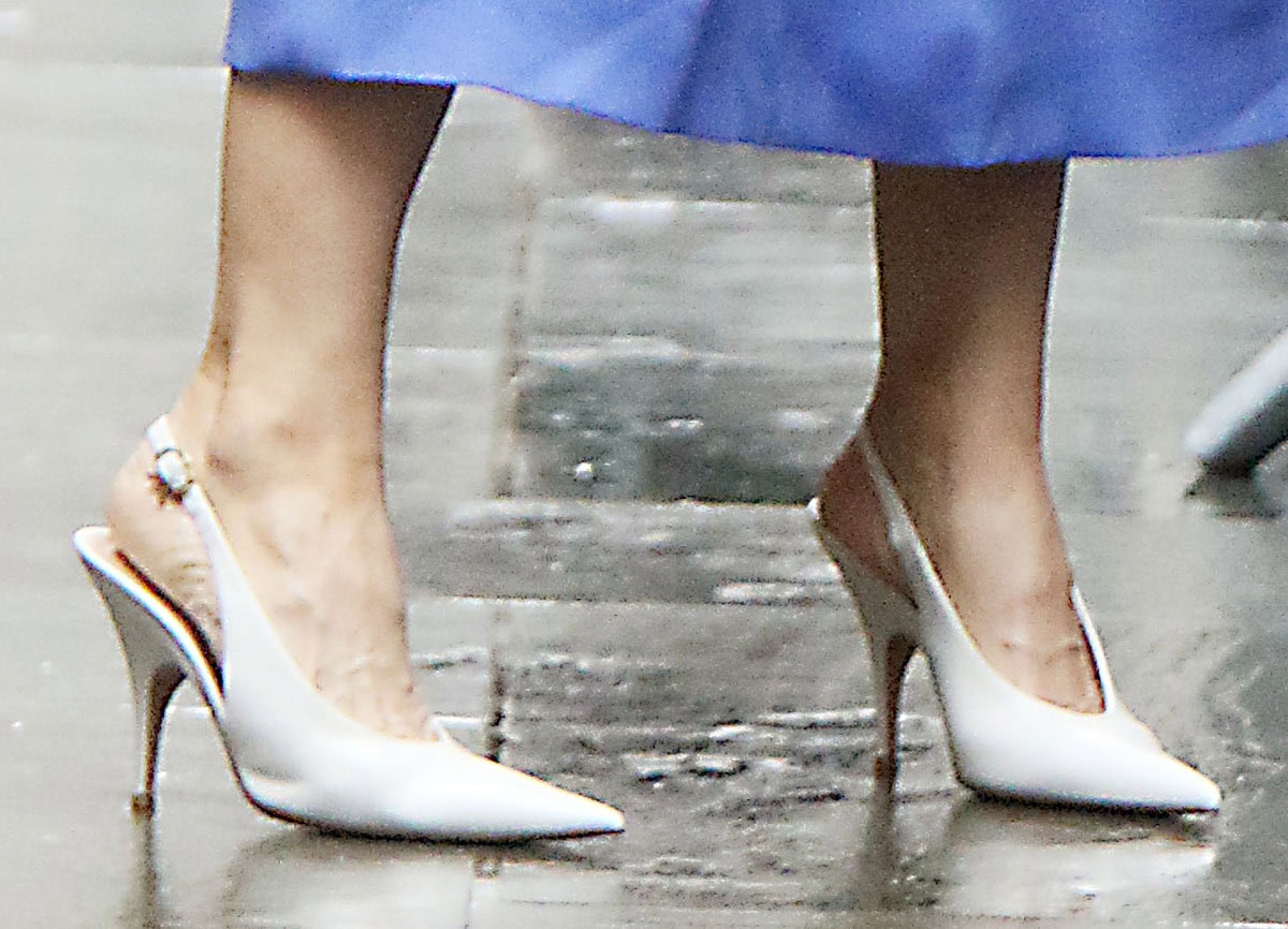 Leslie Mann keeps an elegant look, wearing the Gianvito Rossi “Sofia” pumps in smooth leather with a high-cut topline, pointed toes, and tapered heels