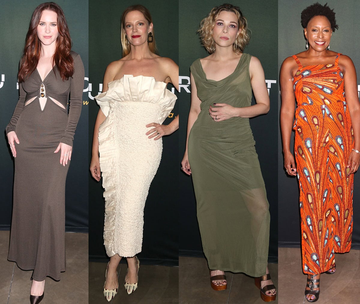 Rachel Brosnahan, Elizabeth Stanley, Lauren Marcus, and Erin Cherry each brought a distinct approach to event dressing—from sculptural brown satin pumps and whimsical vintage Prada heels to retro platform wedges and metallic Calvin Klein sandals—at the opening night of Disruption