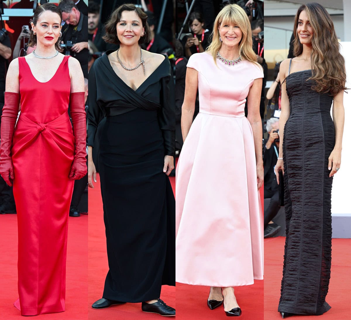 Claire Foy in red Bottega Veneta, Maggie Gyllenhaal in navy Celine, Laura Dern in pink Prada, and Amal Clooney in black Tom Ford bring four distinct approaches to opening-night glamour at the 83rd Venice International Film Festival