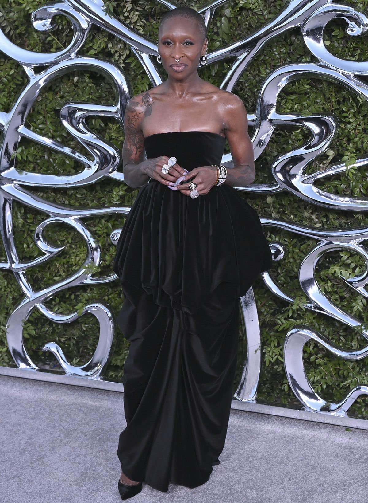 Cynthia Erivo wears a black Khaite Bronte dress with Christian Louboutin So Kate pumps at the Lucas Museum opening