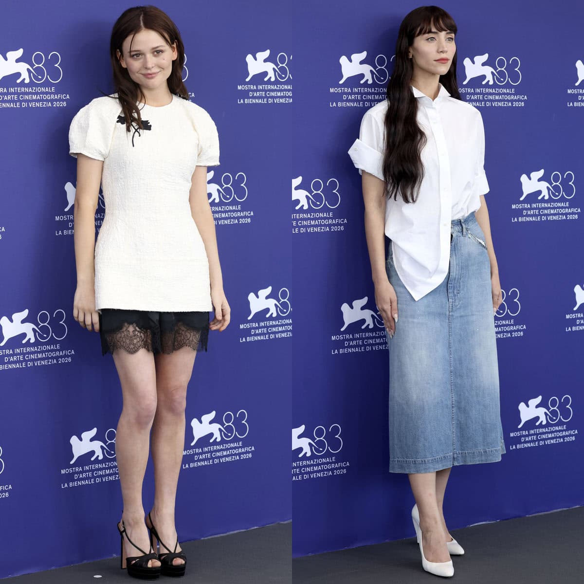 Emily Alyn Lind pairs a white Erdem mini dress and black lace-trimmed hem with towering Aquazzura Aimée platforms, while Caylee Cowan contrasts her crisp white shirt and Maison Margiela denim midi skirt with sculptural white wedge pumps at the Company photocall during the 83rd Venice International Film Festival