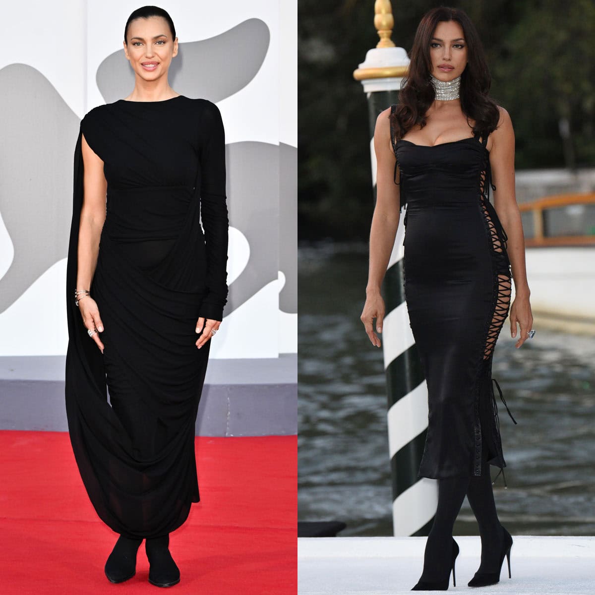 Irina Shayk showcases dark, daring glamour at the 83rd Venice International Film Festival, wearing a Romeo Gigli dress with Camper x Issey Miyake sock boots and a racy black Dolce  Gabbana dress with pointy pumps
