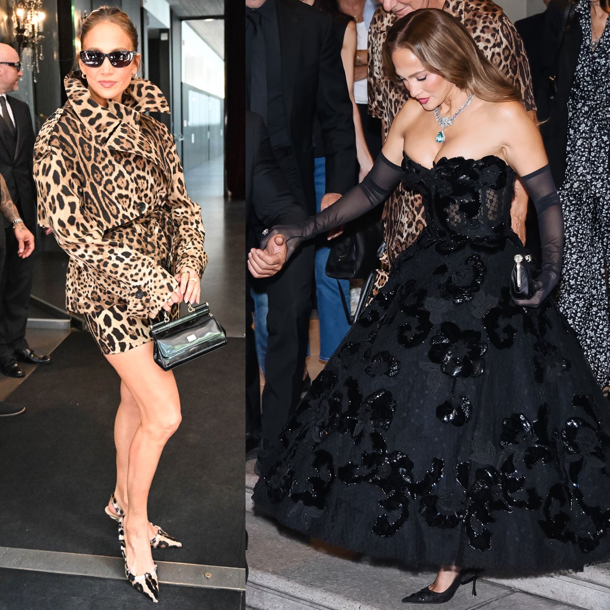Jennifer Lopez wears Dolce Gabbana leopard-print slingback pumps and black lace heels during Milan Fashion Week 2026