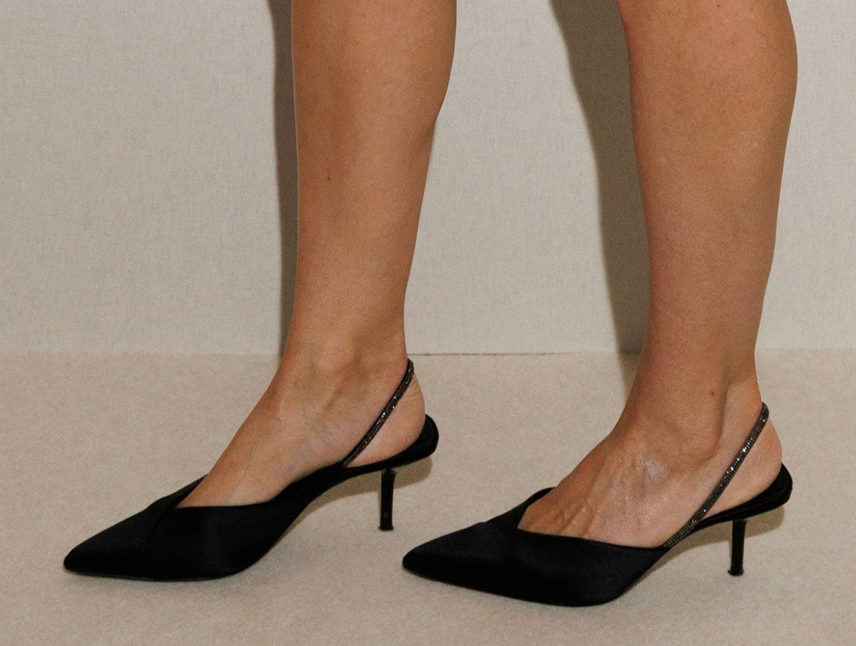 Kate Mara's black Max Mara pointed-toe pumps with crystal-embellished slingback straps and slim heels