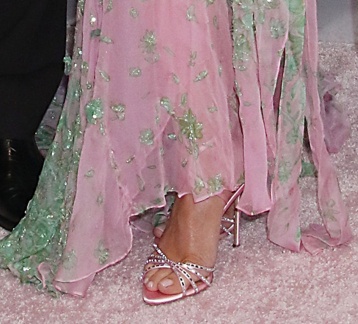 Lili Reinhart's pink Aquazzura Tell Me sandals with crystal crisscross straps and stiletto heels