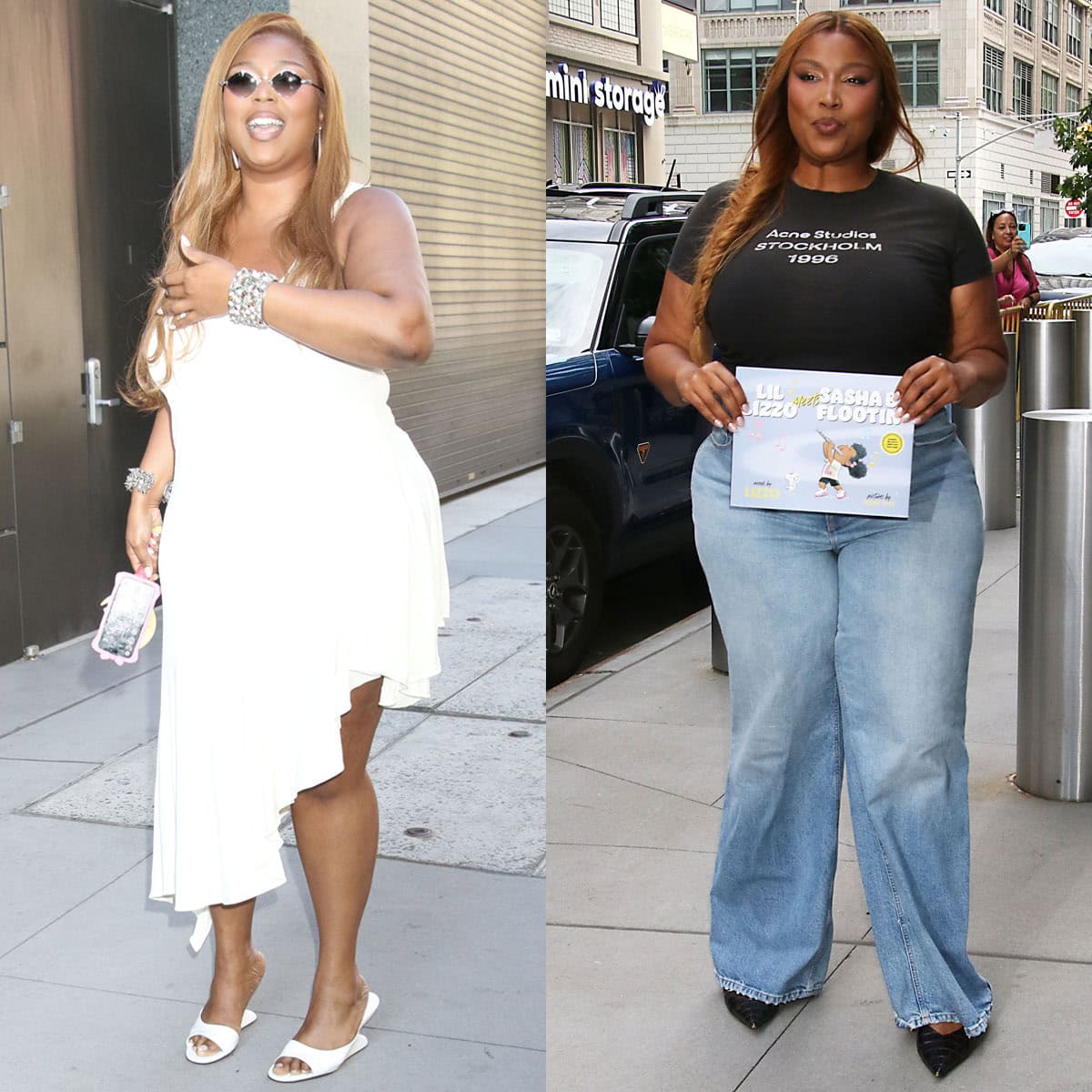 Lizzo pairs a breezy white asymmetrical dress with sculptural Alaïa Curve wedge mules before switching to wide-leg jeans and glossy black croc-effect pointed-toe pumps while promoting her debut children’s book