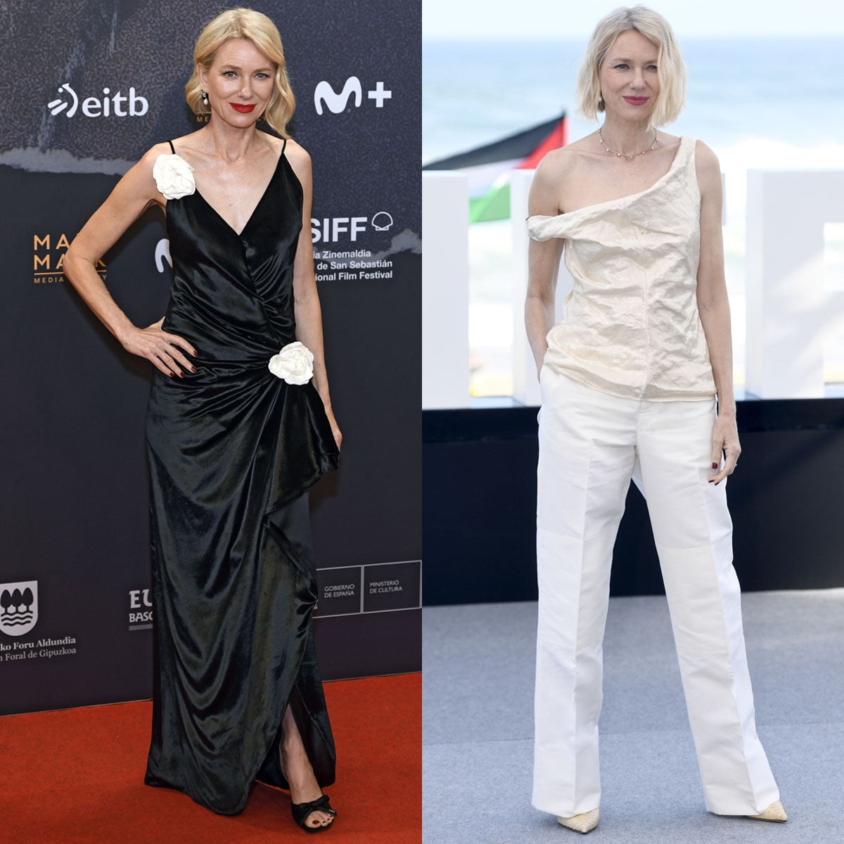 Naomi Watts wears a black Dior gown and slingback sandals at The Housewife screening and a Fforme top, white trousers, and Jude pumps at the film's photocall