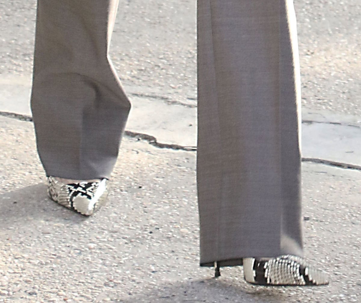 Naomi Watts wears Giuseppe Zanotti Raquel snake-print pumps with pointed toes, d'Orsay side cutouts, slim straps, and slender stiletto heels