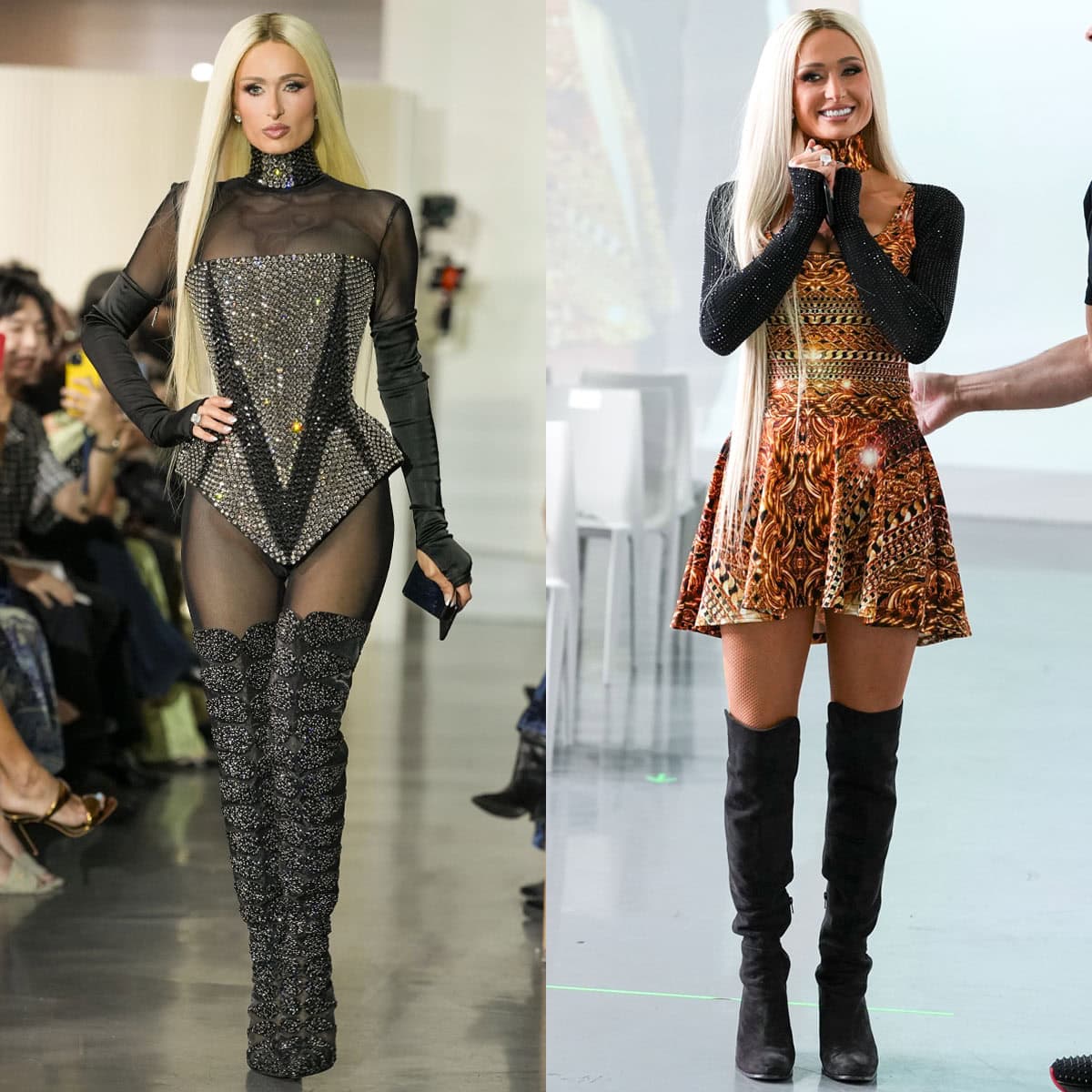 Paris Hilton in crystal-covered Christian Louboutin thigh-high boots and black suede boots with two The Blonds runway looks