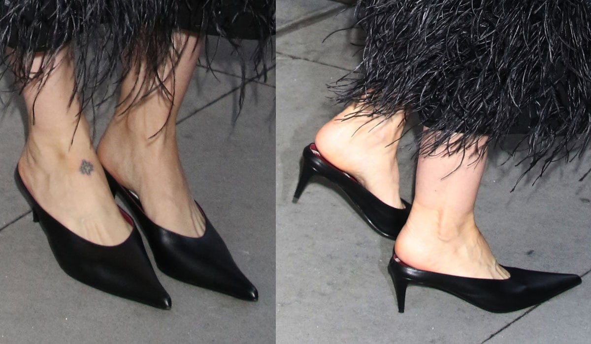 Sarah Paulson's black Magda Butrym leather mules with elongated pointed toes and slender kitten heels