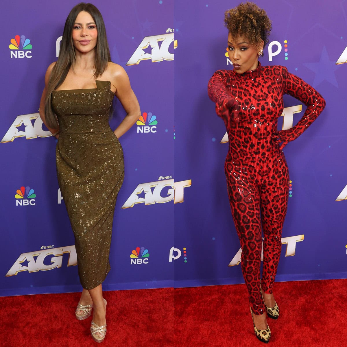 Sofia Vergara in a crystal Roland Mouret dress and René Caovilla platform mules beside Mel B in a red leopard Zuleyha Kuru catsuit and Charlotte Olympia pumps at the AGT Season 21 semifinals