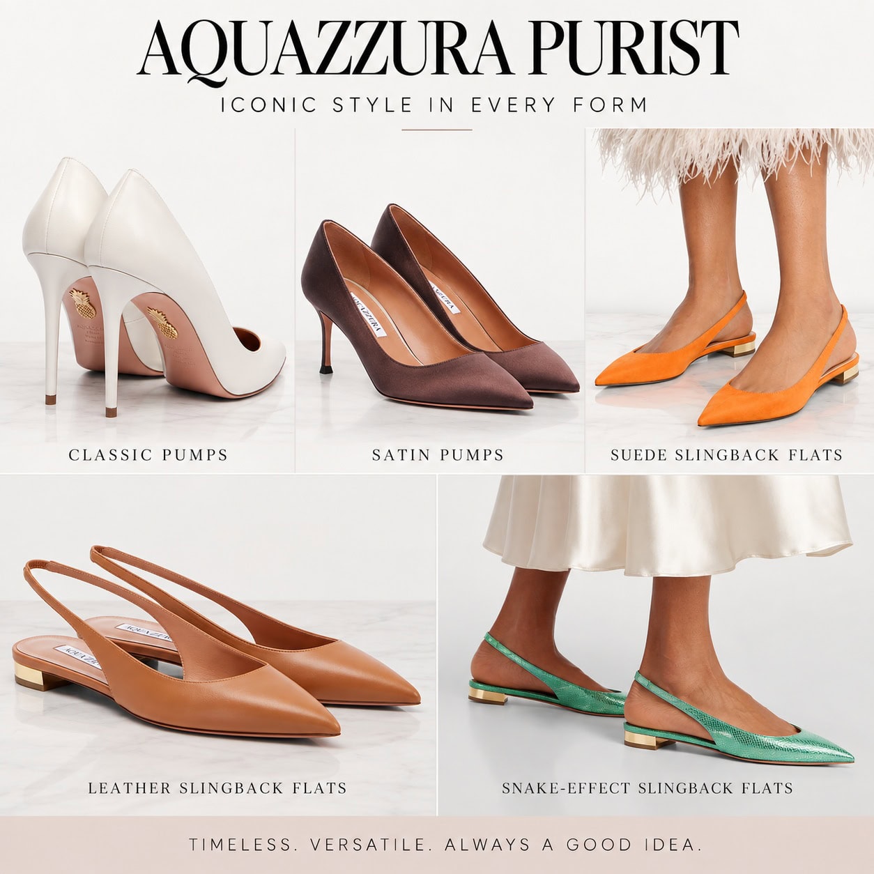 Aquazzura Purist shoe styles comparison featuring pointed-toe pumps and slingback flats in white, brown, orange, tan, and green