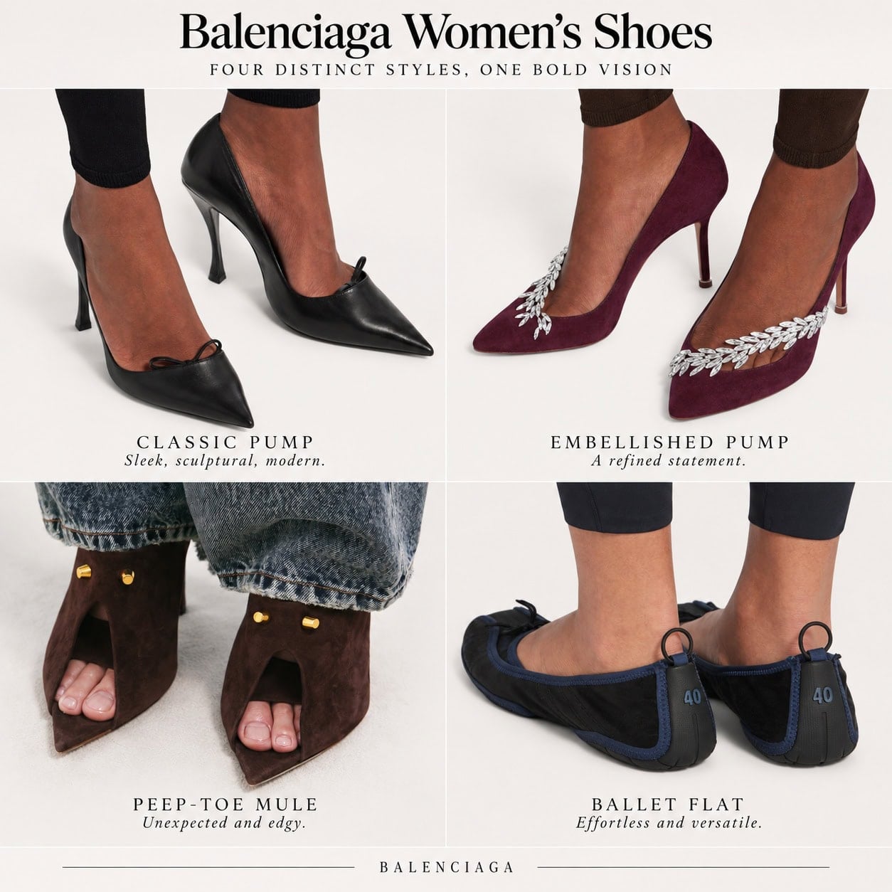 Balenciaga women’s shoe comparison featuring black pointed pumps, burgundy crystal-embellished pumps, brown suede peep-toe mules, and black ballet flats