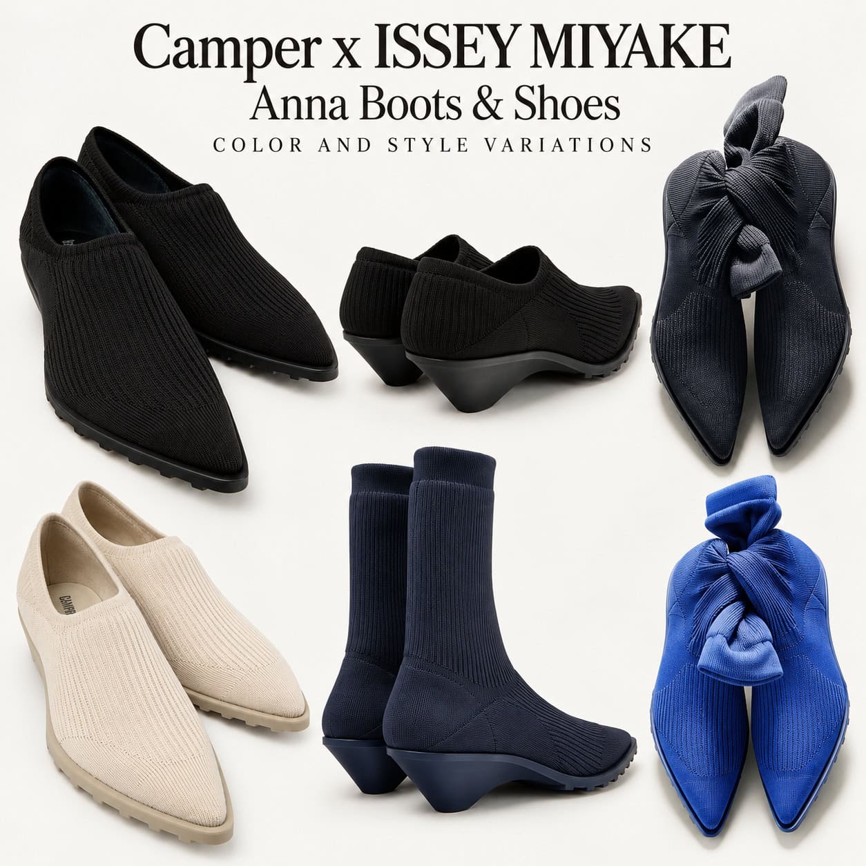 Camper x ISSEY MIYAKE Anna shoes and sock boots in black, beige, navy and blue, showing pointed knit silhouettes and sculptural heels
