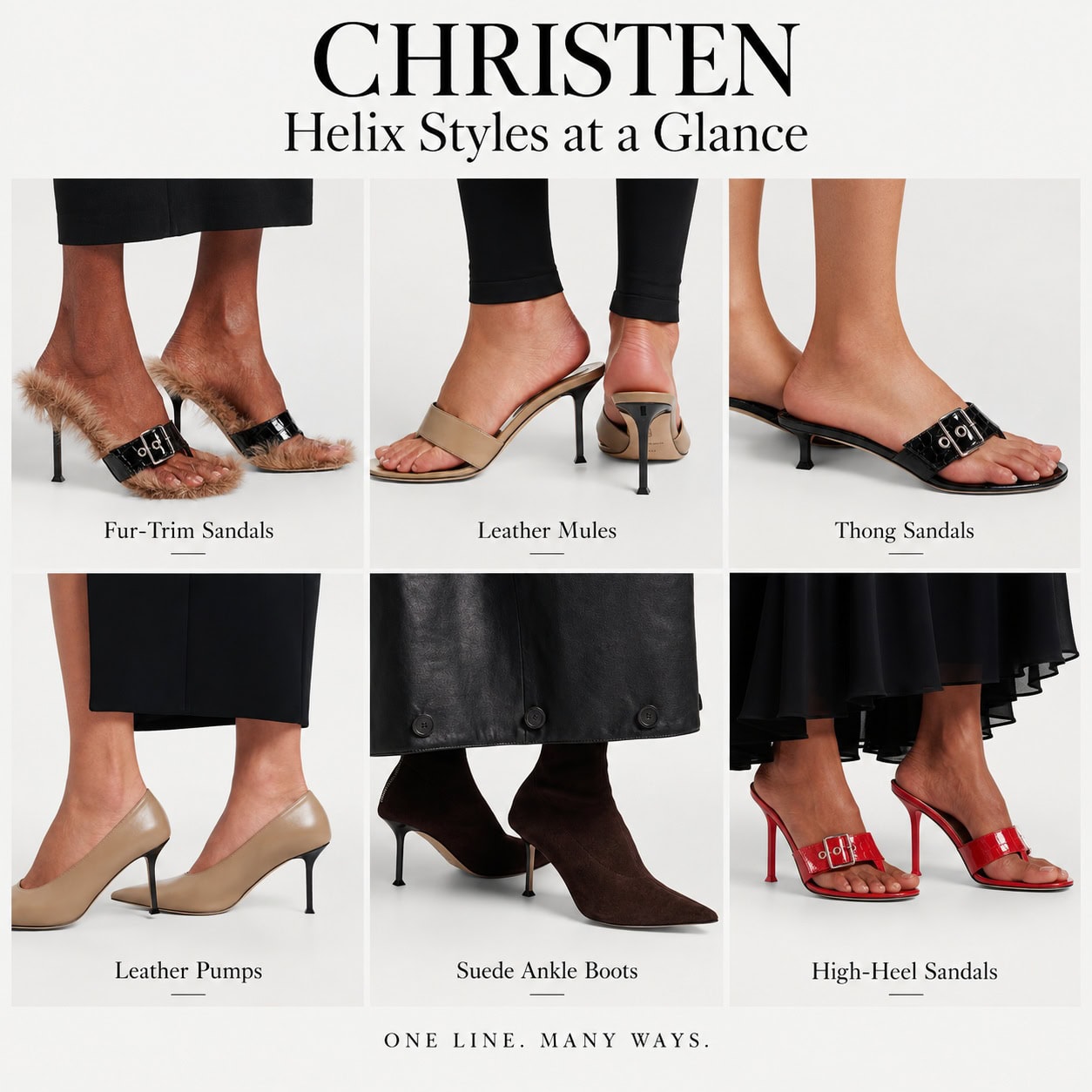 Christen Helix shoes comparison featuring thong sandals, high-heel sandals, leather pumps, mules, and suede ankle boots