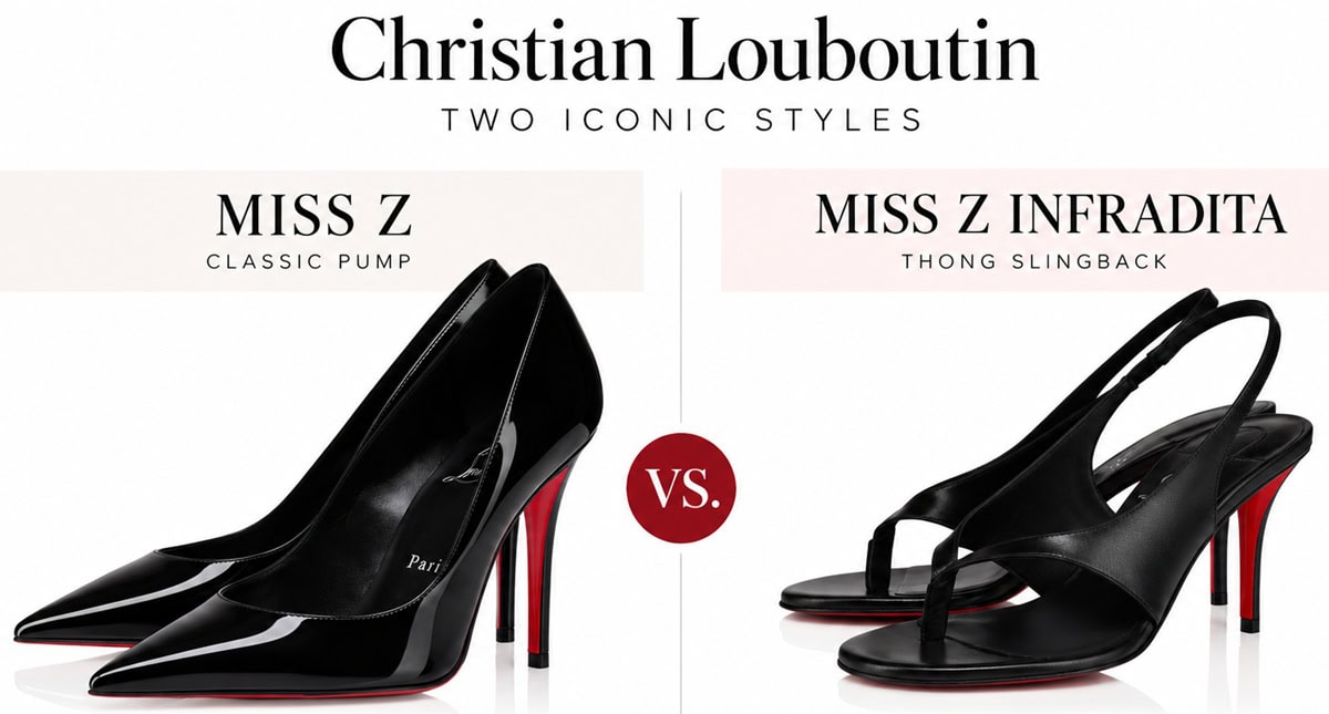 Christian Louboutin Miss Z black patent pumps compared with Miss Z Infradita black thong slingback sandals