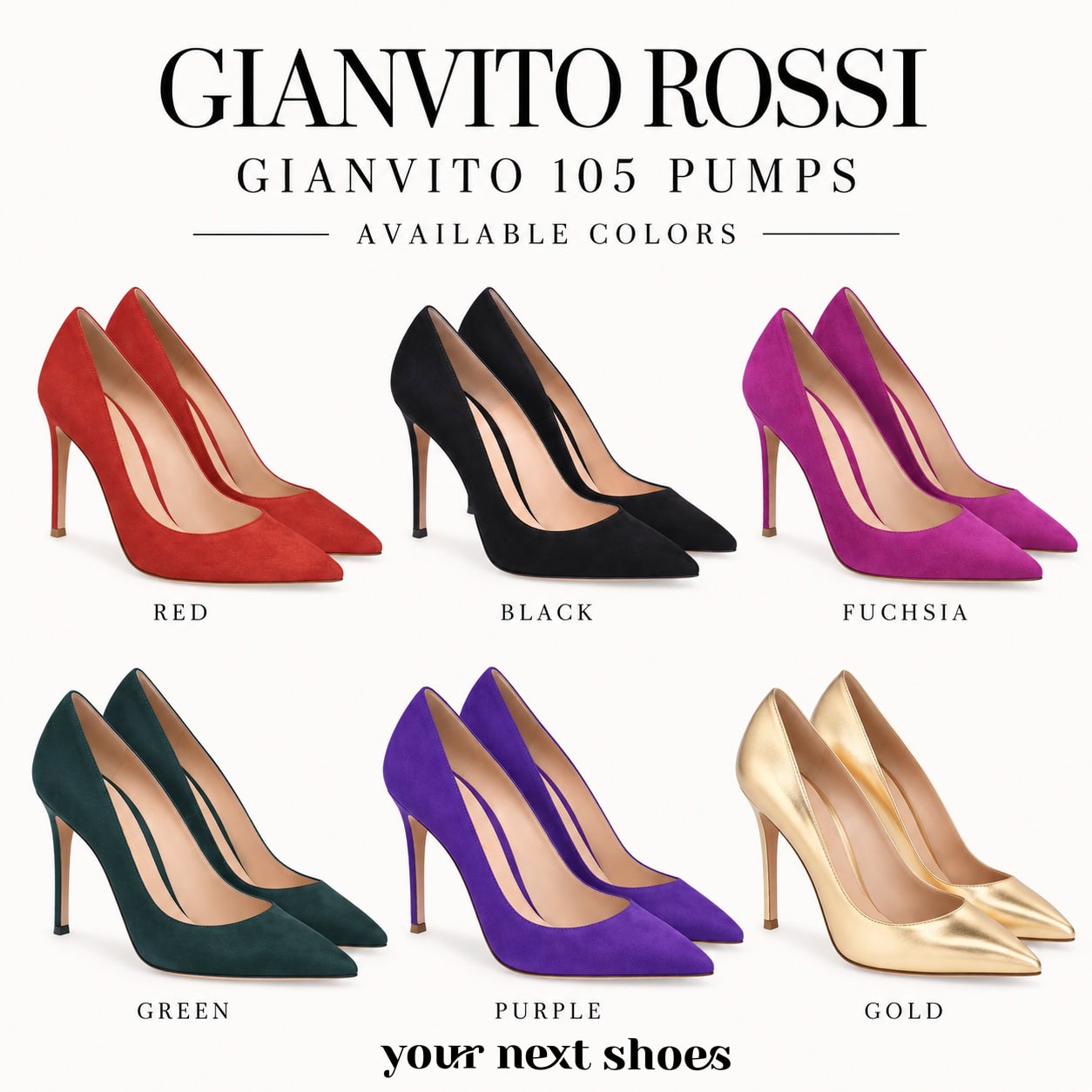 Gianvito Rossi Gianvito 105 pointed-toe pumps in red, black, fuchsia, green, purple, and gold