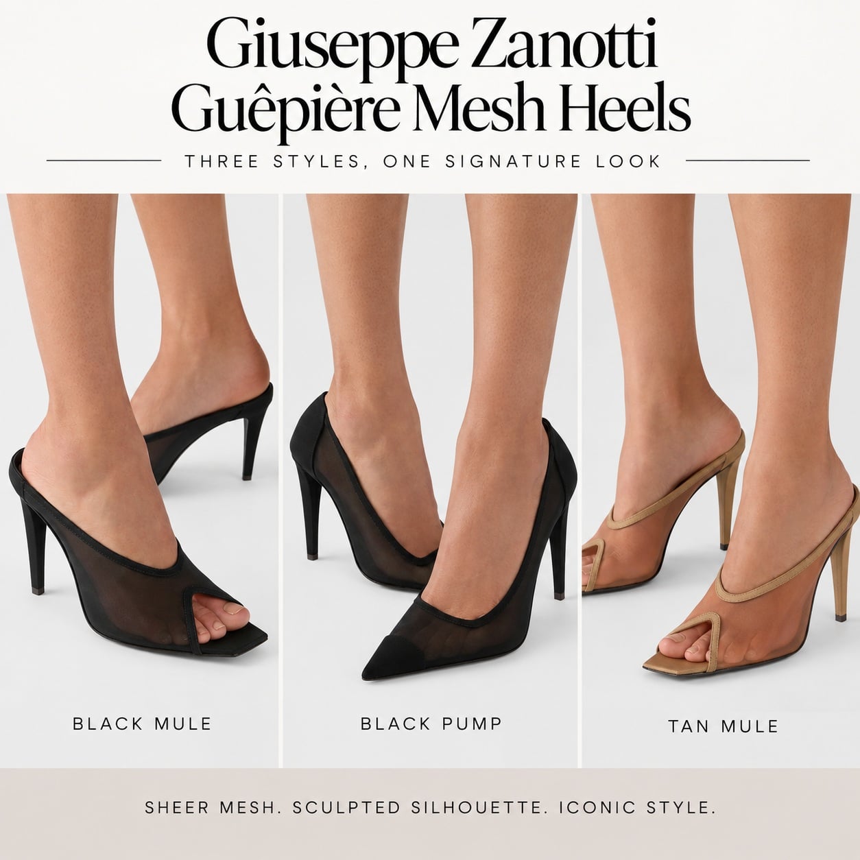 Giuseppe Zanotti Guêpière mesh heels in black and tan, including pointed pumps and open-toe mules