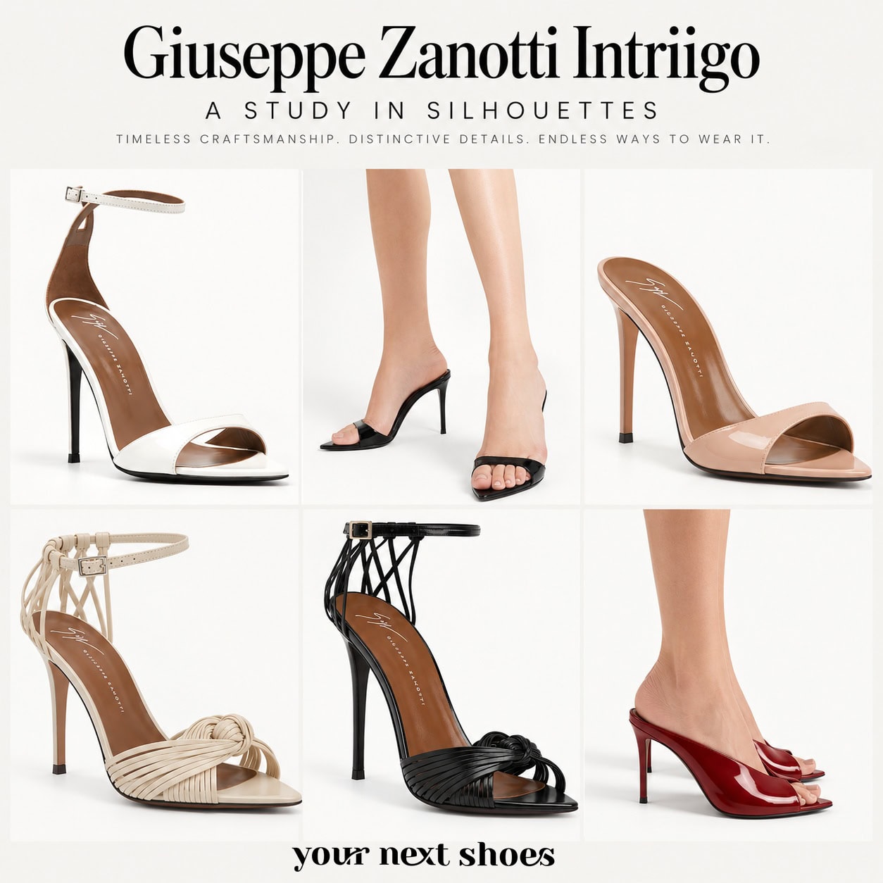 Giuseppe Zanotti Intriigo shoe styles comparison featuring strappy sandals and mules in white, black, nude, beige, and red