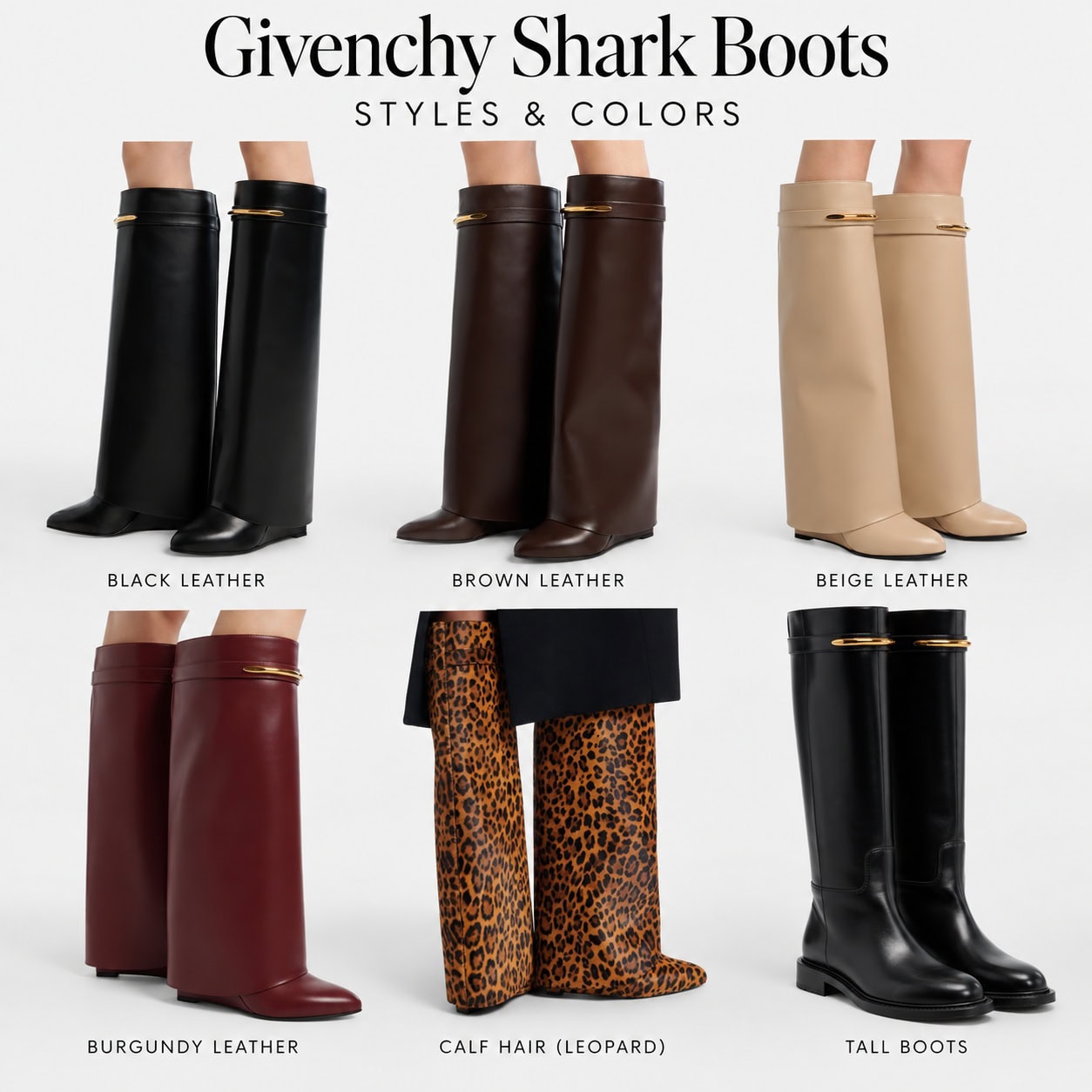 Givenchy Shark boots comparison in black, brown, beige, burgundy and leopard calf hair