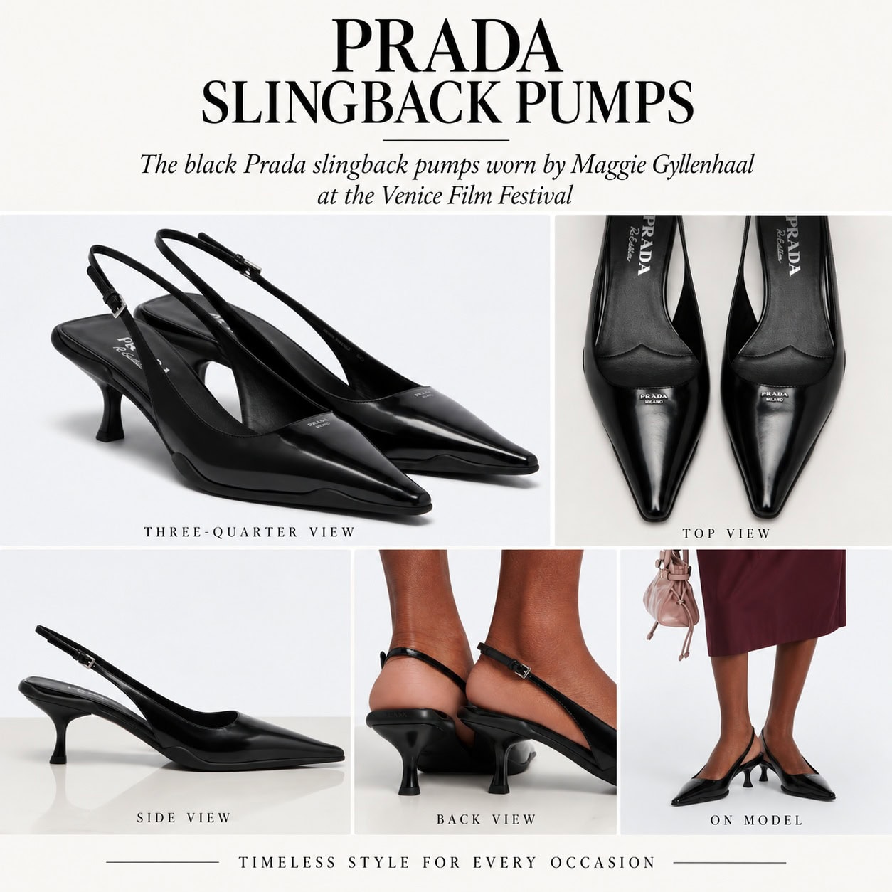 Black Prada slingback pumps worn by Maggie Gyllenhaal at the Venice Film Festival shown from multiple angles