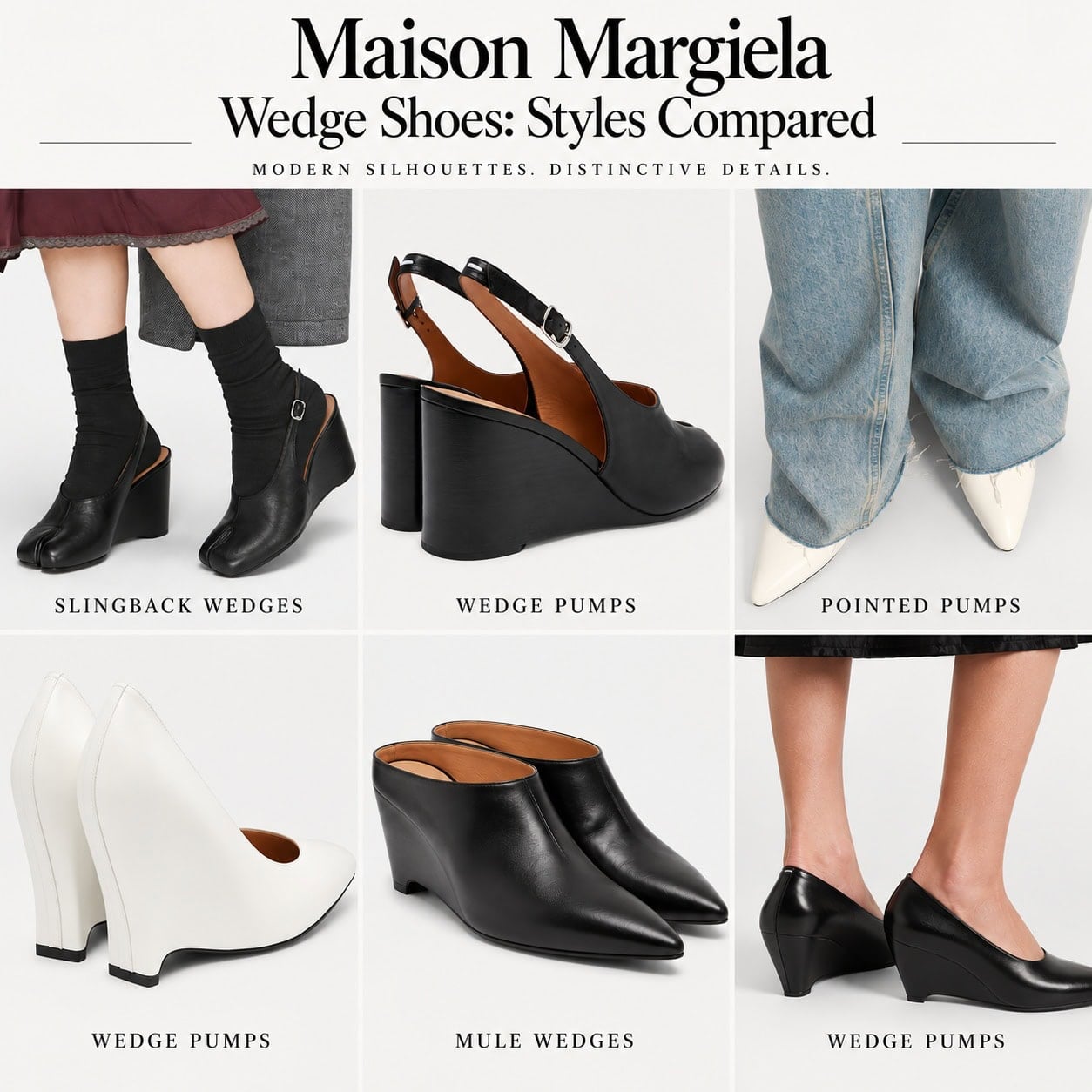 Maison Margiela wedge shoes compared, including slingback wedges, pointed pumps, mule wedges, and sculptural wedge pumps