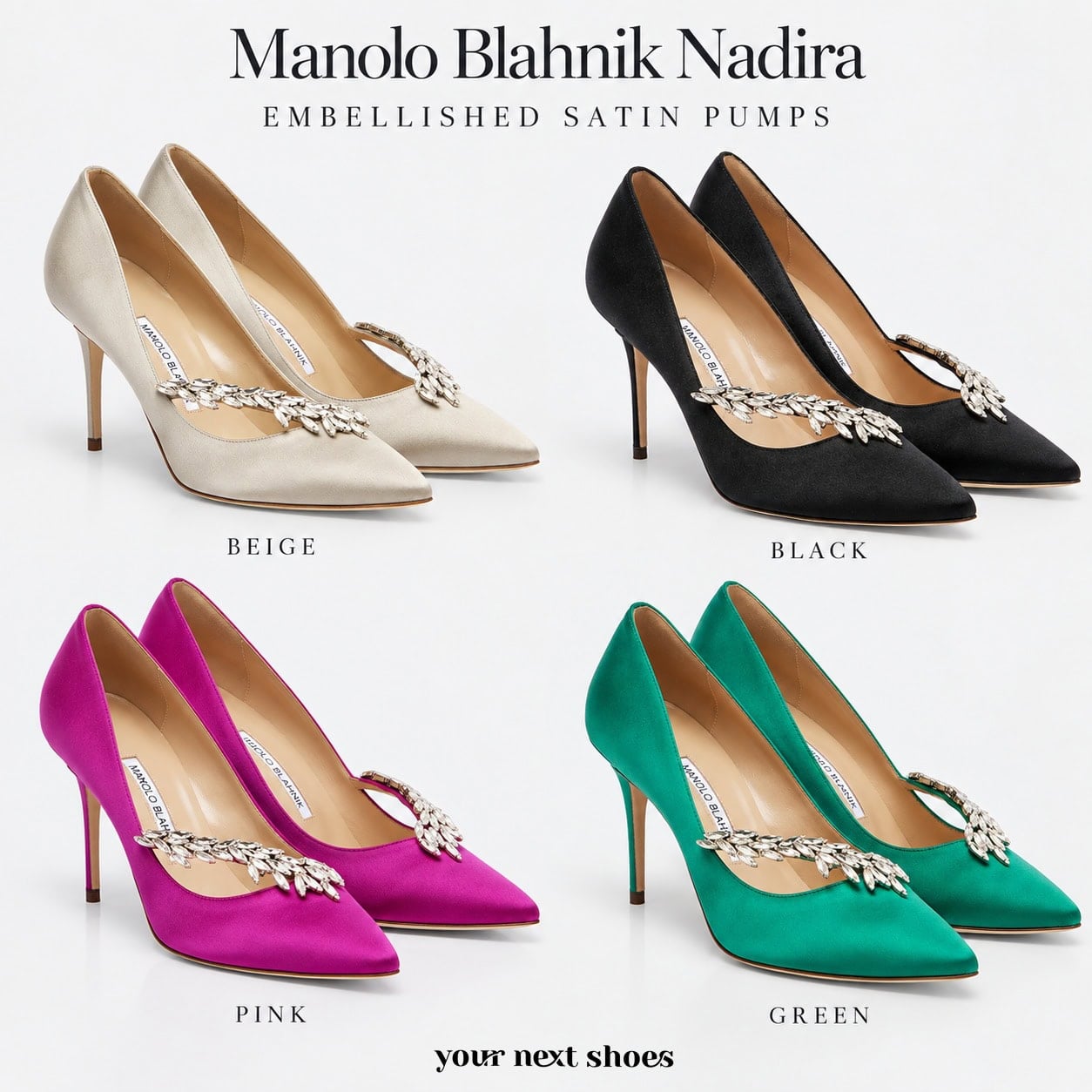 Manolo Blahnik Nadira embellished satin pumps in beige, black, pink, and green with crystal leaf detailing