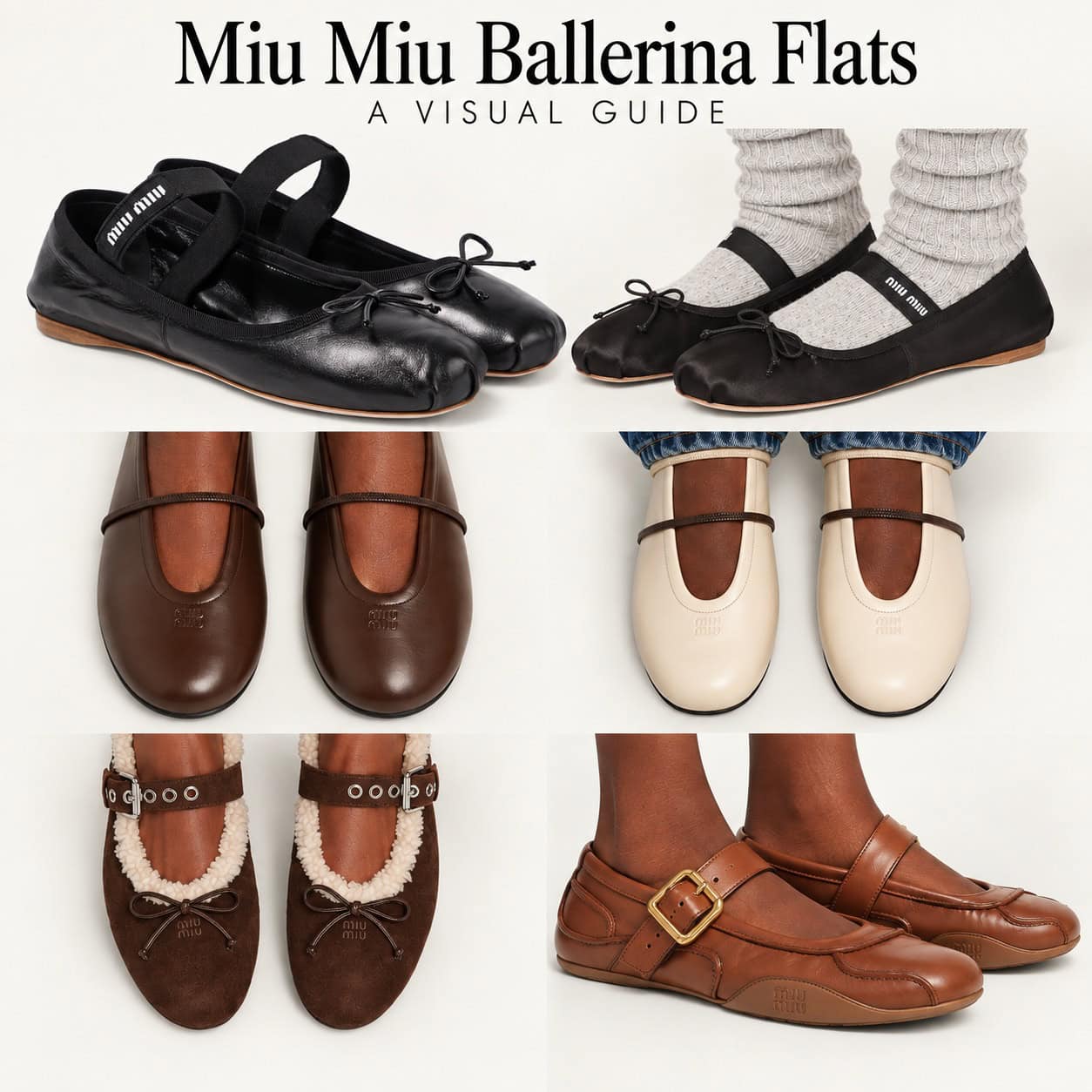 Six Miu Miu ballerina flat styles compared in black, brown and cream with bows, straps, buckles and shearling details