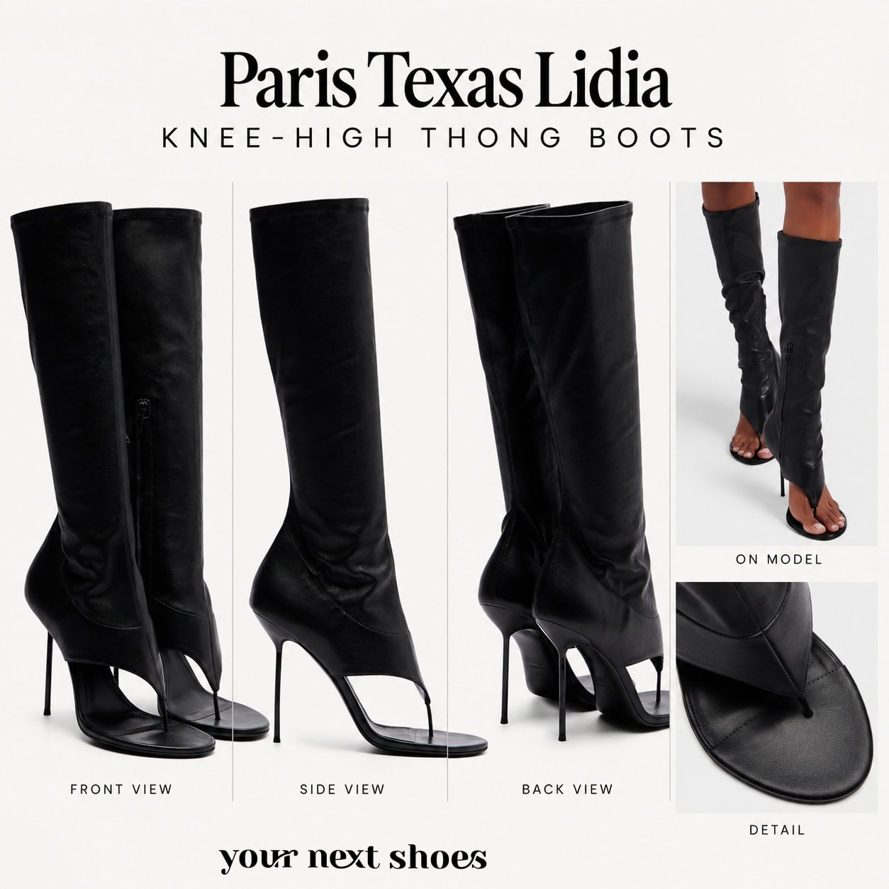 Paris Texas Lidia black knee-high thong boots shown from multiple angles with stiletto heels, open toes, and fitted leather shafts
