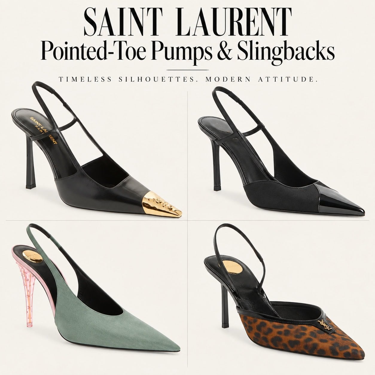 Saint Laurent pointed-toe pumps and slingbacks in black, sage green, and leopard print, including metallic and patent toe details