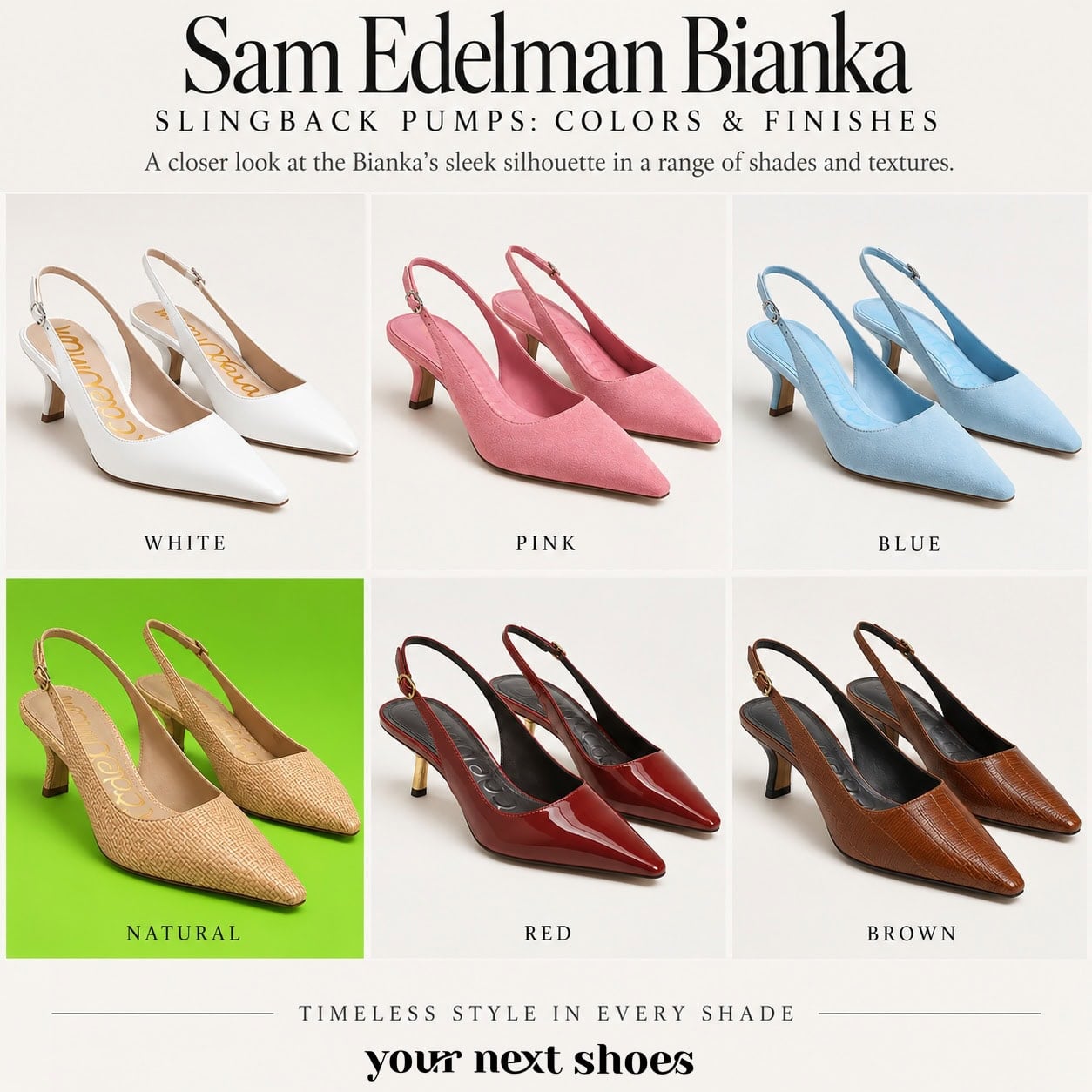 Sam Edelman Bianka slingback pumps in white, pink, blue, natural, red, and brown colors and finishes